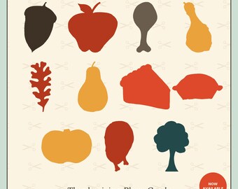 May include: A collection of Thanksgiving-themed silhouettes including an acorn, apple, turkey leg, gourd, oak leaf, pear, pie slice, whole pie, pumpkin, turkey, and tree. The text reads Thanksgiving Place Cards, SVG Cut File + Printable, Cricut, Silhouette, or Scissors.