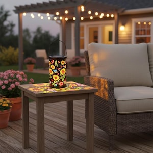May include: A cylindrical solar lantern featuring a black metal exterior with cut-out patterns of sunflowers, leaves, and butterflies. The lantern emits a warm light, casting a colorful floral projection onto the surface below it.