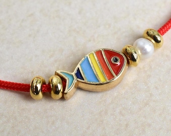 Colorful Enamel Fish Bracelet with Pearl • Adjustable Cord Bracelet • Ocean Charm Jewelry Gift