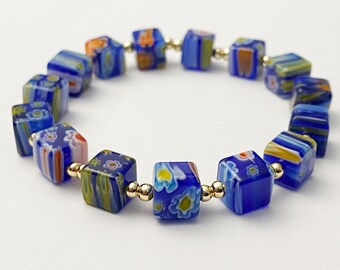 Chunky Blue Millefiori bracelet  - cube lampwork flower beads - stretchy beaded bracelet - unisex bracelet