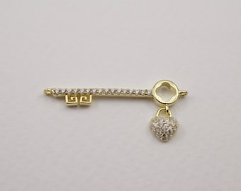 Gold vermeil cz key with heart - cz key connector - dangle cz heart  - gold vermeil connector