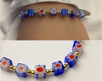 Blue and red  Millefiori bracelet  - cube lampwork flower beads - stretchy beaded bracelet - unisex bracelet