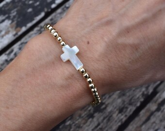 White cross bracelet with gold beads - trendy bracelet - stretchy - choose your size