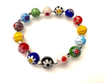 Chunky glass beaded stretchy bracelet  - colourful lamp work flower beads - Fun gift idea
