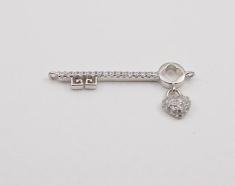 silver cz key with heart - cz key connector - dangle cz heart  - silver connector