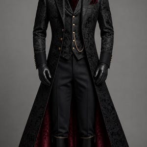 May include: A black long coat with a tonal floral pattern, featuring a deep red lining, worn over a matching vest with gold buttons and a gold chain. The ensemble includes a black shirt, a dark red velvet cravat, black trousers, and black gloves.