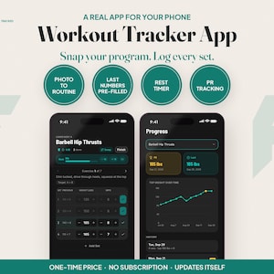 Può includere: Due smartphone che mostrano l'interfaccia dell'app di monitoraggio degli allenamenti Forge. Gli schermi mostrano registri degli esercizi, tracciamento del peso e grafici dei progressi. Il testo include 'A REAL APP FOR YOUR PHONE', 'Workout Tracker App' e 'Snap your program. Log every set.'