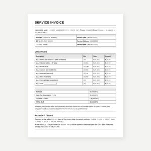 Puede incluir: Una plantilla de factura de servicio en blanco y negro con secciones para información comercial, detalles del cliente, artículos de servicio de piscina, subtotal, impuestos, pagos, total adeudado y términos de pago con espacios para datos.