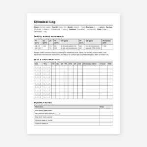Puede incluir: Una hoja de registro químico blanca con texto y líneas negras. Incluye secciones para información del cliente, una tabla de referencia de rangos objetivo para productos químicos de piscina, una cuadrícula de registro de pruebas y tratamientos, y una sección de notas mensuales para observaciones.