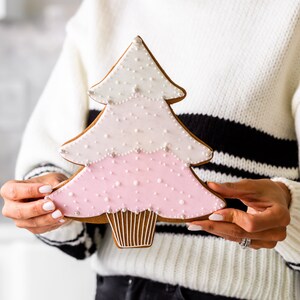 May include: A gingerbread Christmas tree cookie with white and pink icing, decorated with small white pearl sprinkles. The cookie is held in front of a person wearing a white sweater with black stripes.