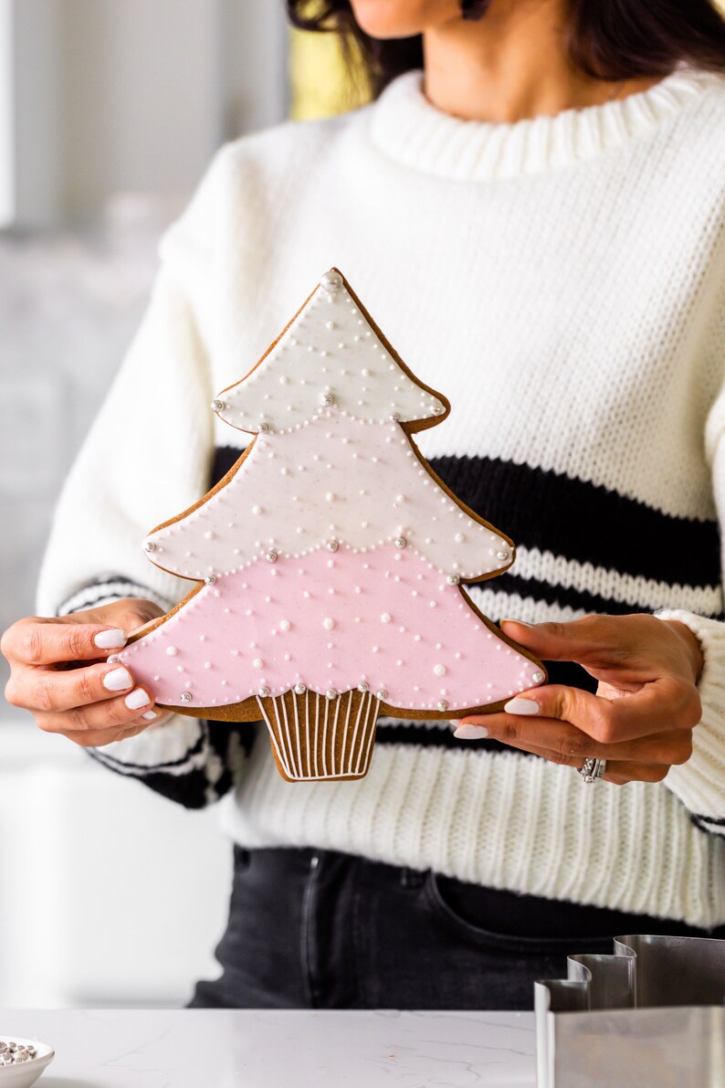 May include: A gingerbread Christmas tree cookie with white and pink icing, decorated with small white pearl sprinkles. The cookie is held in front of a person wearing a white sweater with black stripes.