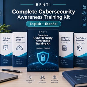 Op de afbeelding: Een complete Cybersecurity Awareness Training Kit in het Engels en Spaans, met een donkerblauwe map met een schild- en slotpictogram, omringd door bijbehorende trainingsdia's, handleidingen, hand-outs en diverse bronnen.