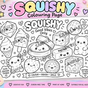 Peut inclure: Une page de coloriage imprimable A4 en noir et blanc intitulée SQUISHY représentant divers personnages mignons avec des visages, dont une fraise, une glace, un ours et une brioche. La page inclut du texte comme Good Vibes Only et Colour Squish Smile.