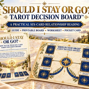 May include: A Should I Stay Or Go Tarot Decision Board set featuring a guide, printable board, worksheet, and pocket card. The board displays a six-card layout with blue and gold compass designs, laurel leaf borders, and instructional text.