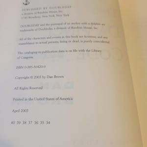 May include: The copyright page of the book The Da Vinci Code by Dan Brown, published by Doubleday in 2003. The text includes the publisher address, ISBN 0-385-50420-9, a disclaimer about fictional characters, and a print run sequence ending in 34.