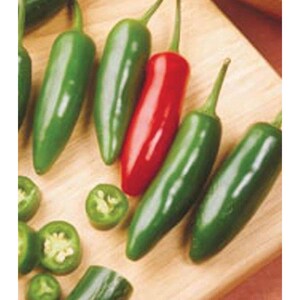 May include: A collection of fresh jalapeño peppers, including several whole green peppers, one whole red pepper, and multiple sliced cross-sections showing the interior seeds and flesh, all arranged together on a light-colored wooden surface.