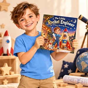 May include: A hardcover children's book titled The Little Rocket Engineer: A Story About Big Dreams, featuring an illustration of a child in blue overalls standing next to a rocket ship and a small dog under a starry night sky with warm lighting.