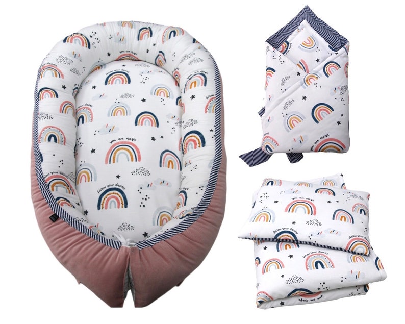 Ensemble arc en ciel pour bébé : Nid de bébé, couette/coussin et sac de couchage - Créatrice ETSY : Kadaro
