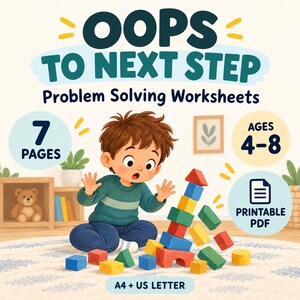 Può includere: Una copertina di prodotto digitale intitolata OOPS TO NEXT STEP Problem Solving Worksheets con l'illustrazione di un bambino seduto su un tappeto con blocchi da costruzione colorati. Il testo indica 7 pagine, età 4-8, PDF stampabile, A4 + US Letter.