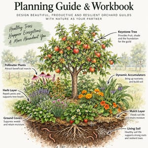 May include: An Orchard Guild Planning Guide & Workbook by Burleigh Blooms featuring an illustration of a fruit tree with various plants, soil layers, and root systems. Text includes Plan, Plant, Nurture, Harvest, and labels for ecosystem components.