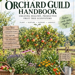 May include: The Orchard Guild Handbook by Burleigh Blooms features a fruit tree with red apples, a wicker basket of apples, and a metal watering can. The cover includes text about creating healthy ecosystems, plant care, and orchard management.