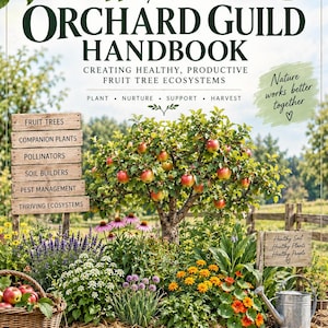 May include: The Orchard Guild Handbook by Burleigh Blooms features a fruit tree with red apples, a wicker basket of apples, and a metal watering can. The cover includes text about creating healthy ecosystems, plant care, and orchard management.