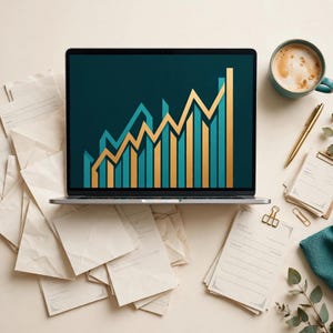 May include: A laptop displaying a teal and gold bar chart with an upward trend line on its screen. The device is surrounded by scattered white paper documents, a gold pen, a ceramic mug filled with coffee, and a small green fabric piece.