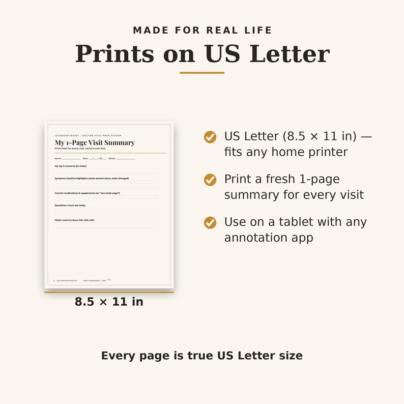 May include: A digital document template titled My 1-Page Visit Summary with fields for name, date, and doctor. The text states Made for Real Life, Prints on US Letter, and 8.5 x 11 in. It includes bullet points about home printing and tablet use.