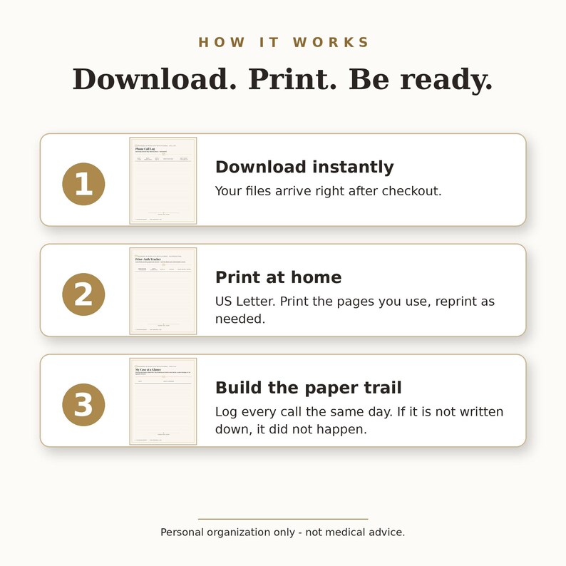 May include: An instructional graphic titled HOW IT WORKS Download. Print. Be ready. It features three numbered steps in gold circles: 1. Download instantly, 2. Print at home on US Letter paper, and 3. Build the paper trail. Includes a disclaimer at the bottom.