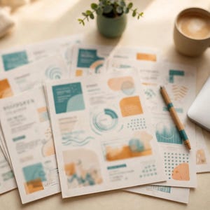 Może przedstawiać: Kolekcja białych arkuszy papieru z turkusowymi i pomarańczowymi wzorami graficznymi, wykresami i tekstem. Drewniany długopis leży na papierach obok zamkniętego laptopa, małej rośliny doniczkowej i ceramicznego kubka z kawą na jasnej powierzchni.