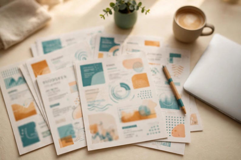 Może przedstawiać: Kolekcja białych arkuszy papieru z turkusowymi i pomarańczowymi wzorami graficznymi, wykresami i tekstem. Drewniany długopis leży na papierach obok zamkniętego laptopa, małej rośliny doniczkowej i ceramicznego kubka z kawą na jasnej powierzchni.