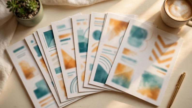 May include: A collection of white rectangular paper sheets arranged in a fan shape, each featuring abstract watercolor designs in shades of teal and mustard yellow, including geometric shapes, lines, and soft blended color patches.