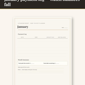 Op de afbeelding: Een pagina uit een schuld aflosplanner getiteld January met een betalingslogboek met kolommen voor datum, schuld, betaald bedrag en nieuw saldo. Bevat een maandoverzicht en regels voor notities over wat hielp of in de weg stond.