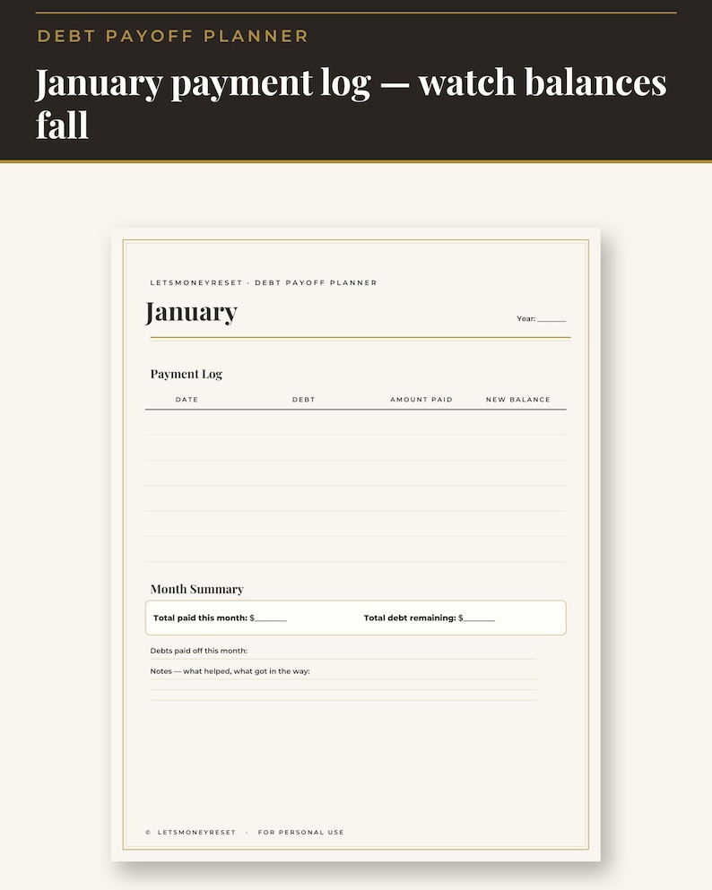 Op de afbeelding: Een pagina uit een schuld aflosplanner getiteld January met een betalingslogboek met kolommen voor datum, schuld, betaald bedrag en nieuw saldo. Bevat een maandoverzicht en regels voor notities over wat hielp of in de weg stond.