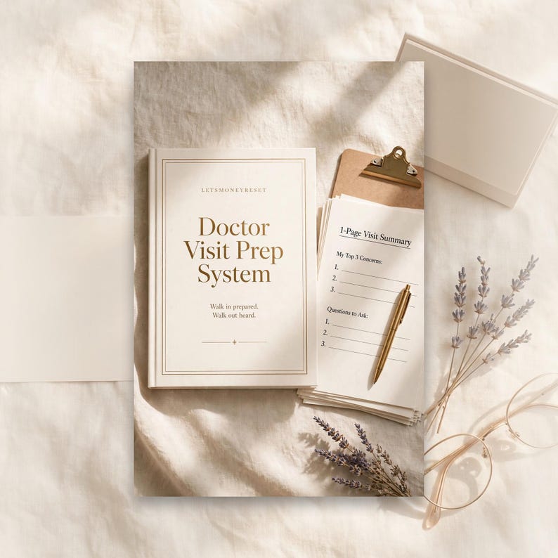 May include: A Doctor Visit Prep System booklet with a cream cover and gold text, accompanied by a clipboard with a 1-Page Visit Summary form, a gold pen, a sprig of dried lavender, and gold-rimmed glasses on a textured off-white fabric surface.