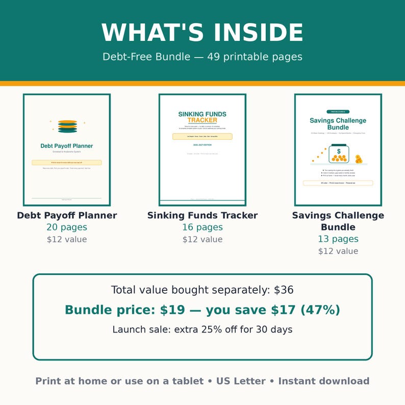 May include: A Debt-Free Bundle of 49 printable pages featuring a Debt Payoff Planner with 20 pages, a Sinking Funds Tracker with 16 pages, and a Savings Challenge Bundle with 13 pages. The text includes What's Inside, Debt-Free Bundle, and titles.
