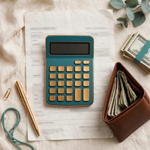 May include: A teal calculator with gold-colored buttons sits on a white document. Beside it are a gold pen, a brown leather wallet filled with US dollar bills, a stack of US currency, a gold paperclip, and a teal cord on a textured fabric.