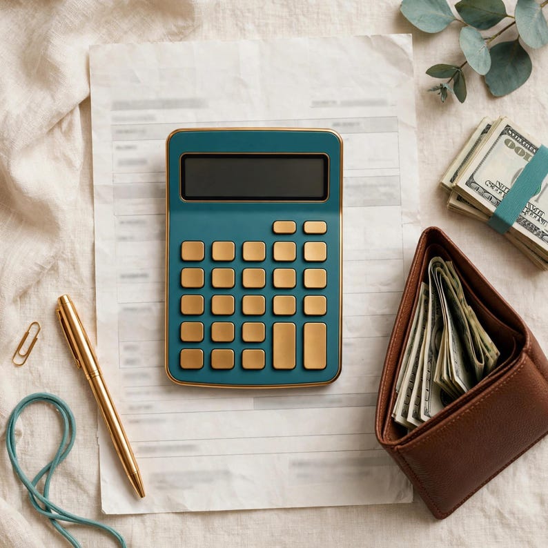 May include: A teal calculator with gold-colored buttons sits on a white document. Beside it are a gold pen, a brown leather wallet filled with US dollar bills, a stack of US currency, a gold paperclip, and a teal cord on a textured fabric.