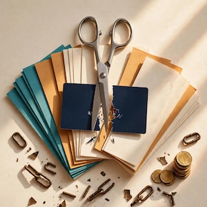 May include: A pair of silver metal scissors cutting a dark blue rectangular card in half, positioned over a fan of teal, tan, and cream-colored paper sheets. Scattered metal chain links and a small stack of gold-colored coins lie nearby.