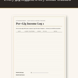 May include: A cream-coloured paper sheet titled Side Hustle Income Tracker with the text Every gig logged, every dollar tracked. The form includes columns for date, client, platform, hours, pay, and notes, plus fields for month total pay and hours.