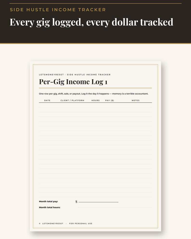 May include: A cream-coloured paper sheet titled Side Hustle Income Tracker with the text Every gig logged, every dollar tracked. The form includes columns for date, client, platform, hours, pay, and notes, plus fields for month total pay and hours.