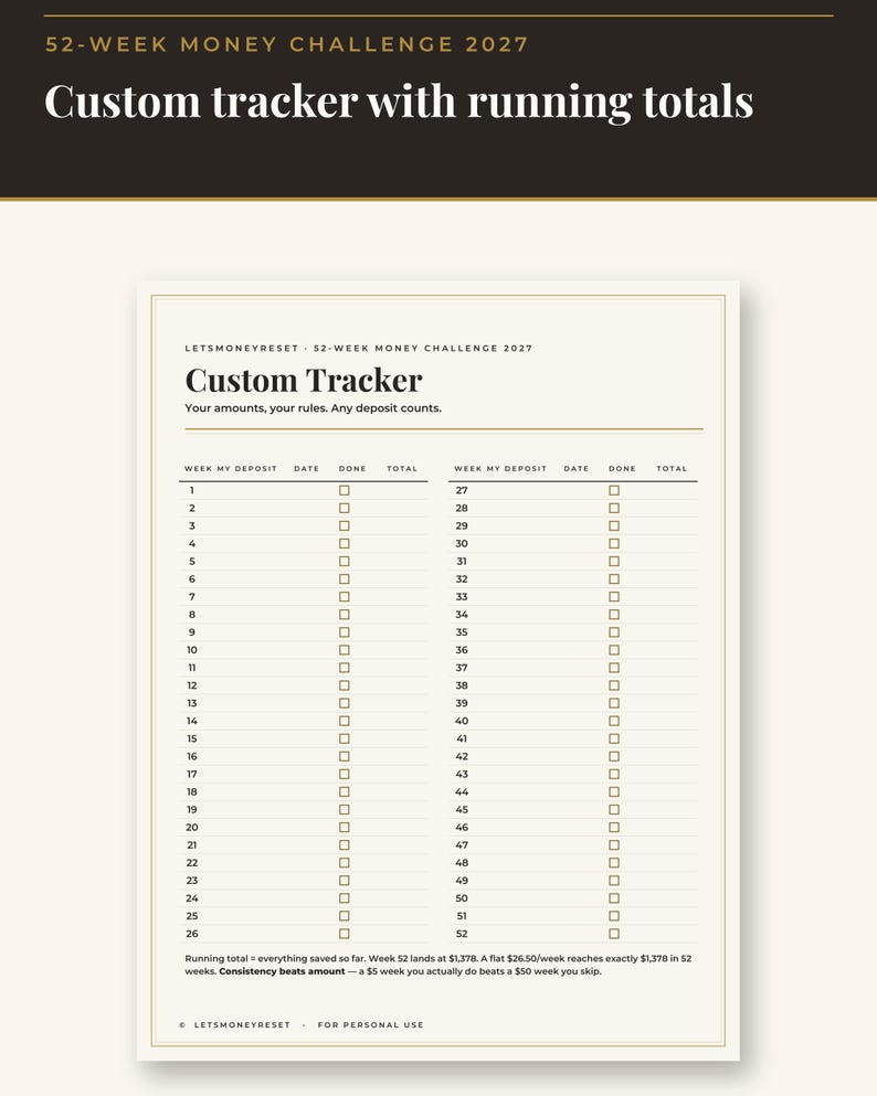 May include: A 52-week money challenge tracker printed on a cream-colored sheet. The document features a table with columns for week, deposit, date, done, and total. Text includes 52-WEEK MONEY CHALLENGE 2027, Custom Tracker, and instructions.