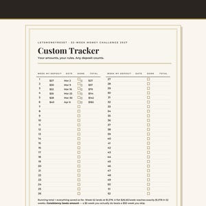 May include: A 52-week money challenge 2027 custom tracker sheet with running totals. The document features columns for week, deposit amount, date, completion checkboxes, and total. It includes the text: 52-WEEK MONEY CHALLENGE 2027, Custom Tracker, and LETSMONEYRESET.