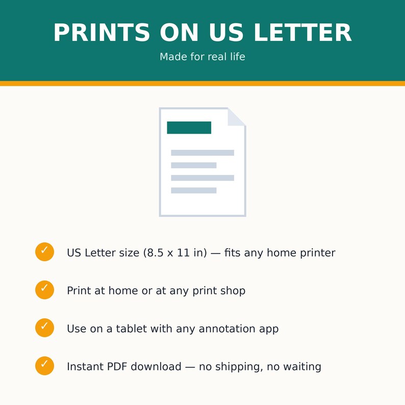 May include: A digital document graphic with the text PRINTS ON US LETTER and Made for real life. It lists features including US Letter size 8.5 x 11 in, home printing, tablet compatibility with annotation apps, and instant PDF download availability.