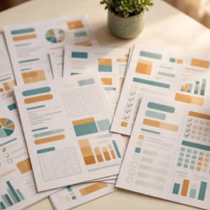 Op de afbeelding: Een verzameling witte papieren documenten met diverse datavisualisaties, waaronder cirkeldiagrammen, staafdiagrammen en checklists, gedrukt in gedempte blauwgroene en mosterdgele tinten, vergezeld van een zwarte pen en een kleine plant.