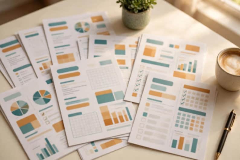 Op de afbeelding: Een verzameling witte papieren documenten met diverse datavisualisaties, waaronder cirkeldiagrammen, staafdiagrammen en checklists, gedrukt in gedempte blauwgroene en mosterdgele tinten, vergezeld van een zwarte pen en een kleine plant.