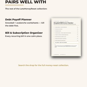 May include: A digital document titled Hospital Bill Error Checker from the LetsMoneyReset collection. The page features a checklist for identifying billing errors, including duplicate charges, services not received, and incorrect billing codes.