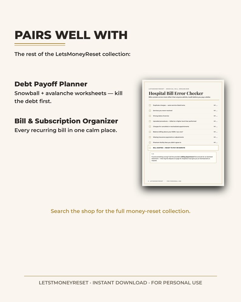 May include: A digital document titled Hospital Bill Error Checker from the LetsMoneyReset collection. The page features a checklist for identifying billing errors, including duplicate charges, services not received, and incorrect billing codes.
