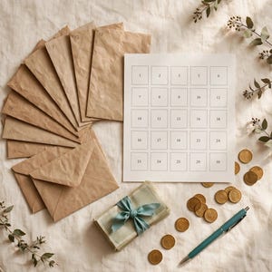 Puede incluir: Una colecci&oacute;n de sobres de papel marr&oacute;n, una hoja blanca cuadriculada con cuadrados numerados del 1 al 30, un fajo de tarjetas verde claro atadas con una cinta azul, varias monedas doradas y un bol&iacute;grafo azul verdoso. Los sobres tienen n&uacute;meros escritos a mano.