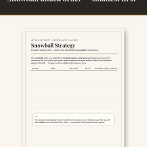 Op de afbeelding: Een pagina van een schuldplanner getiteld Snowball Strategy met een cr&egrave;mekleurige achtergrond en een dunne gouden rand. Het bevat secties voor volgorde, schuld, saldo, rente en betaling, plus een tipvak over de sneeuwbalmethode voor aflossen.